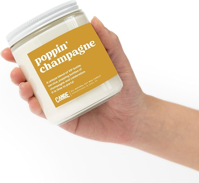 CANDE Craft Poppin Champagne Scented Candle - Gift for Coworker, Funny Gift for Her, 8 oz Glass Jar Candle, 50+ Hour Burn Time, Made in The USA