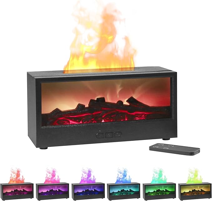 Essential Oil Diffuser Flame Colorful Water Vapor Fireplace Diffusers Fire Humidifier for Aromatherapy Aroma Therapy Machine (Black Fireplace (Short Version))