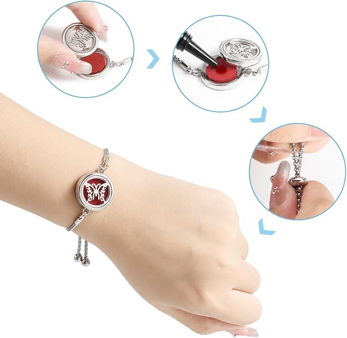 Essential Oil Diffuser Bracelet Aromatherapy Locket Adjustable Stainless Steel Butterfly Bracelet with 10 Pcs Refill Pads for Women Girls