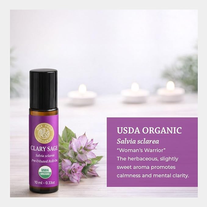 Silk Road Organic Clary Sage Essential Oil Roll On, 100% Pure USDA Certified Aromatherapy for PMS, Stress & Mental Clarity - 10 ml Roller - Always Pure, Always Organic