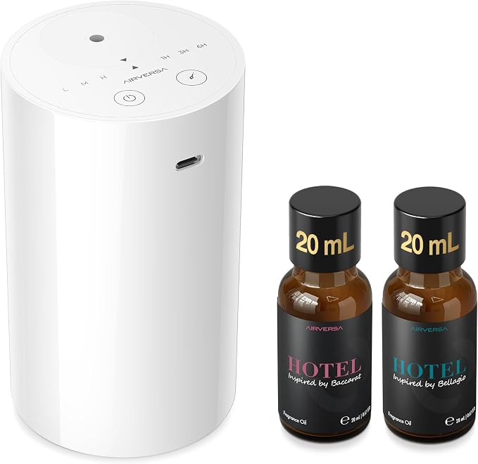 Airversa Waterless Essential Oil Diffuser Starter Kit with 2x20mL Hotel Fragrance Oils, Cordless Nebulizer for Car Home Office, Up to 600 sq ft, Mist/Timer Settings, Baterry Operated, AN8Kit-B, White