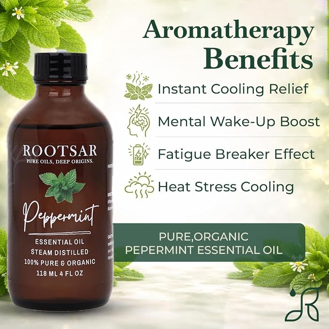 Peppermint Essential Oil – 100% Pure Organic Peppermint Oil, Steam Distilled, 4 FL OZ / 118 ML – Premium Essential Oil for Diffuser, Aromatherapy, Massage, Skin Care, Candle & Soap Making