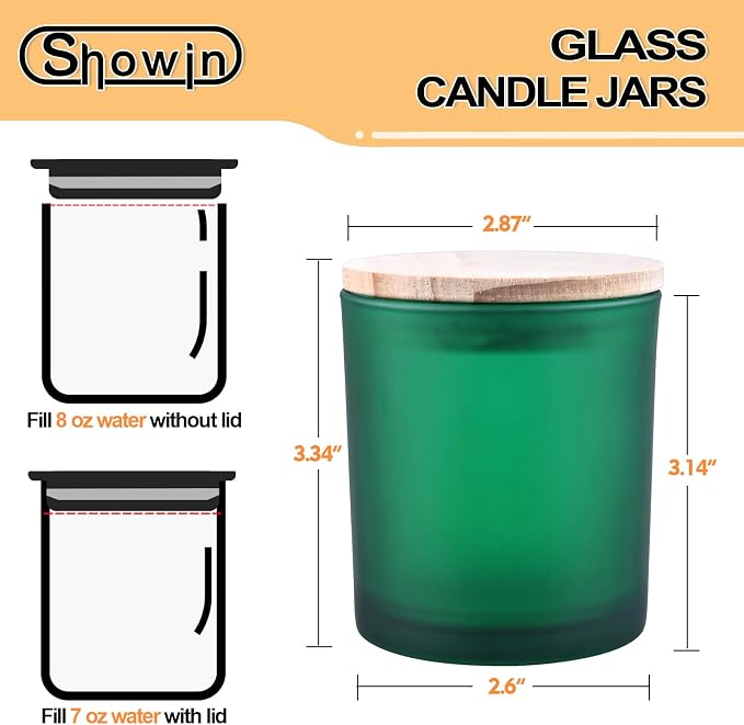 SHOWIN 8 OZ Thick Candle Jars for Making Candles 15 Pcs, Empty Jars with Wood Lids for Candle Making, Sample Container, Frosted Green