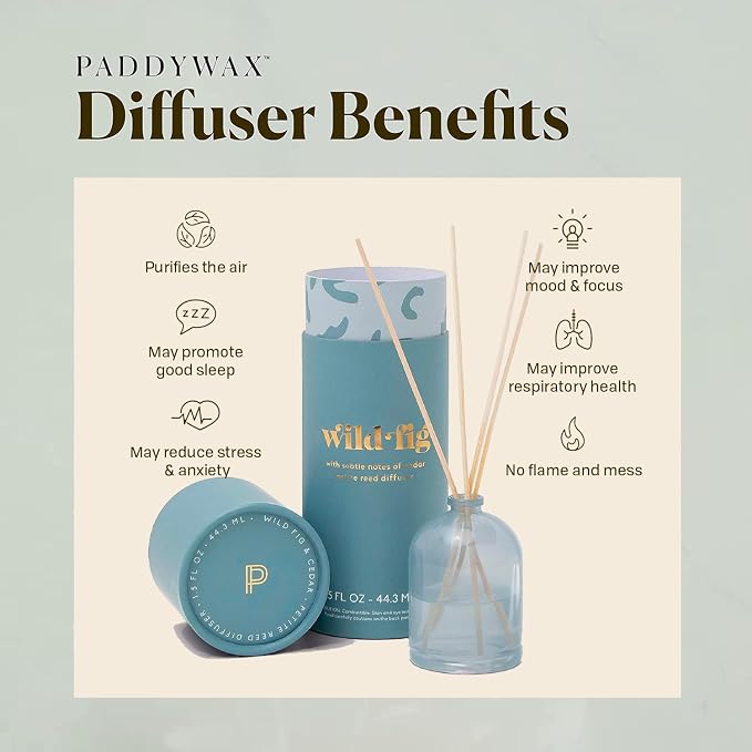 Paddywax Petite Reed Diffuser Set with Wooden Reeds, 720 Hour Long Lasting Home Fragrance Oil Diffuser, Decorative Milky Glass Bottle, Wild Fig Scent, Sky Blue, 1.5 oz
