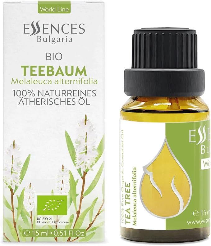 Essences Bulgaria Organic Tea Tree Essential Oil 0.51Fl Oz 15ml Melaleuca Alternifolia - 100% Pure and Natural Undiluted for Toenail Fungus, Dandruff Itchy Scalp Acne Skincare Aromatherapy Diffuser