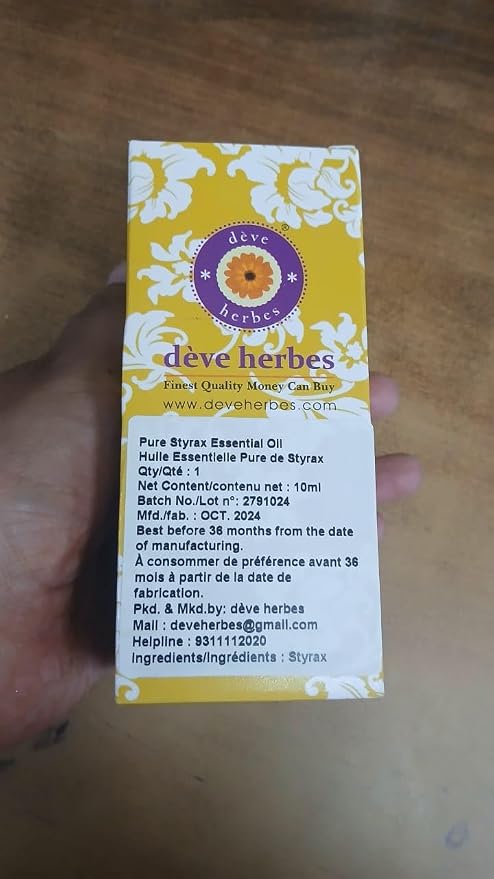 Deve Herbes Pure Styrax Essential Oil (Liquidambar styraciflua L) Steam Distilled 10ml (0.33 oz)