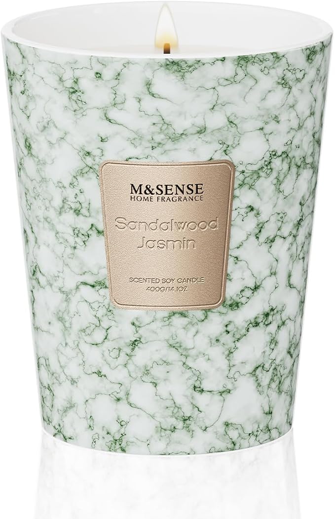 M&SENSE Sandalwood Jasmin Scented Soy Candle, 3 Wick Highly Scented 14.1 Oz 75H, Aromatherapy Christmas Gift for Women and Men