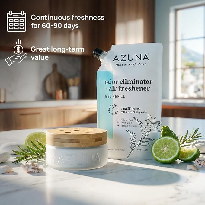 Azuna Air Freshener & Odor Eliminator for Strong Odor | 2 Room Kit Includes (2) 8 oz. Empty Luxe Glass Jars & 12 oz | Refill with Tea Tree Essential Oil Gel | Amalfi Breeze | Last 60-90 Days