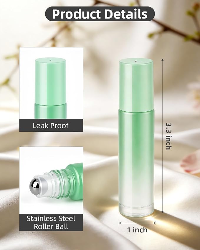 sungwoo 4 Pack Roller Bottles, 10 ml Essential Oil Glass Roller Bottles with Stainless Steel Roller Balls Green-Gradient