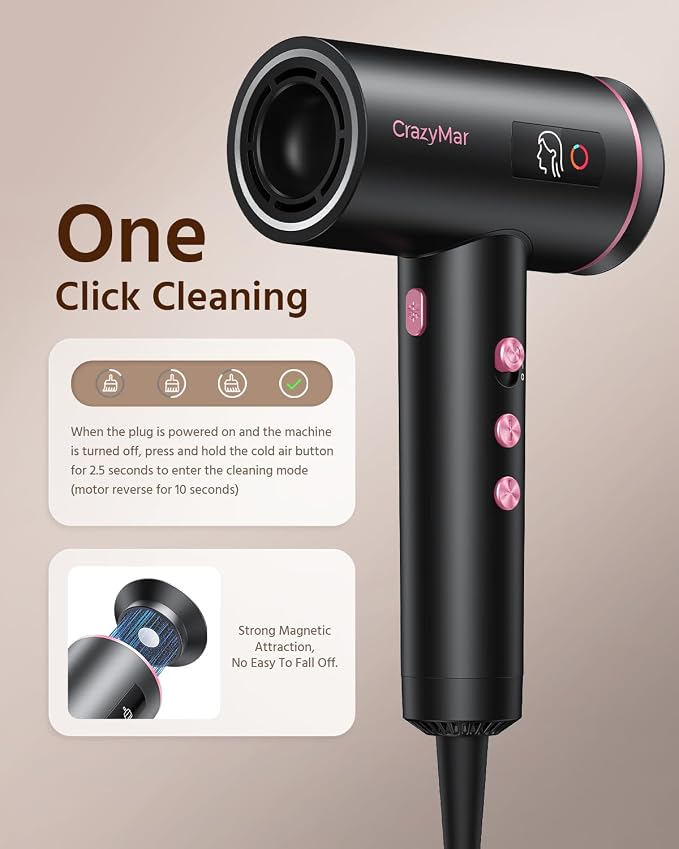 CrazyMar Hair Dryer,180000 RPM High-Speed Blow Dryer with Diffuser,500M Negative Ionic Hair Dryer for Fast Drying, Smart Temperature Control,Low Noise,Lightweight Travel Hair Dryer for Women & Men