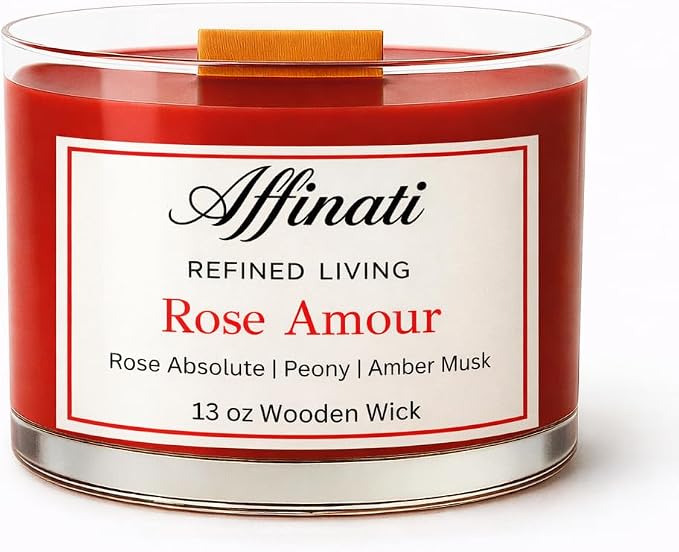 Affinati Rose Amour 3-Wick Wood Candle Bowl, 13 oz – Elegant Aesthetic Crackling Home Decor Centerpiece, Highly Scented Rose Soy Candle