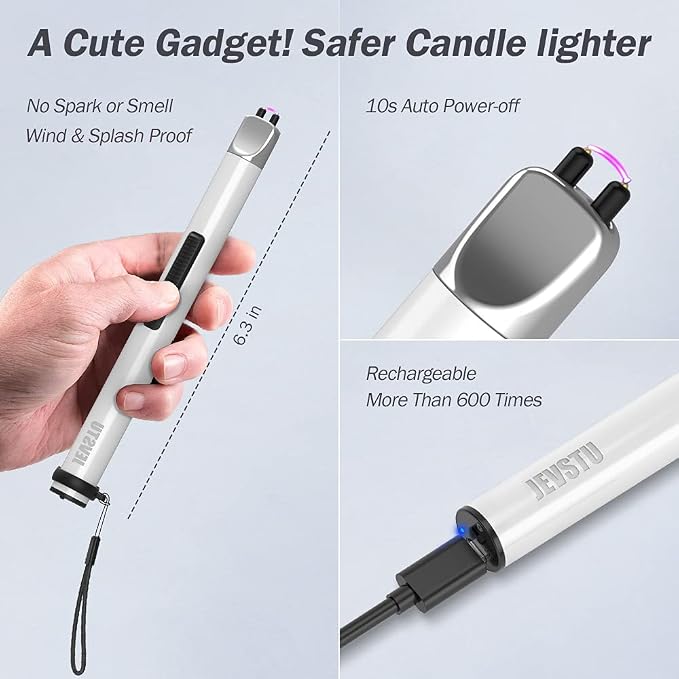 Electric Lighter, Arc Windproof Flameless Plasma Lighter, Long Stick with Rope and Ring, Perfect for Candle BBQ Camping Kitchen Stove, White