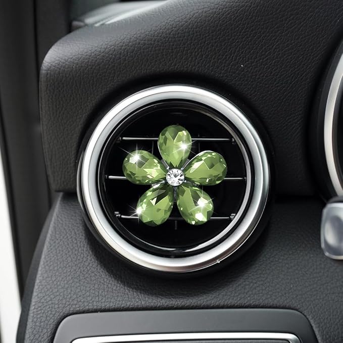 5PCS Bling Daisy Flower Car Air Vent Clips, Car Diffuser Vent Clip, Sparkling Crystal Rhinestone Cute Auto Air Conditioning Clamp, Diamond Air Outlet Clip Decor for Women Girls (Light Green)