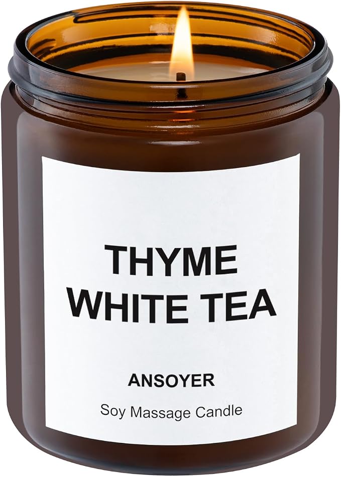 Premium Soy Massage Candle for Relaxation – 7oz Massage Oil Candle with Sweet Almond Oil - (Thyme & White Tea)