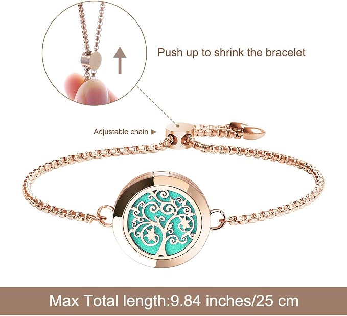 ttstar Essential Oil Diffuser Bracelet Stainless Steel Aromatherapy Locket Adjustable Bracelet Set with 24 Refill Pads in 12 Assorted Colors, Gifts Set for Women(Rose Gold)