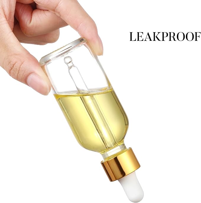 AOZITA 4 Pcs, 1 oz Golden Cap Clear Dropper Bottles (30ml) with 1 Funnel & 4 Labels - Glass Tincture Bottles with Eye Droppers - Leakproof Essential Oil Bottles for Health, Personal Care & Beauty
