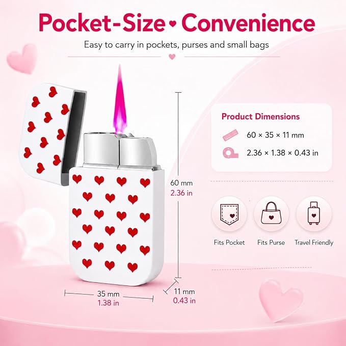 Pink Flame Torch Lighter Cute Heart Pattern Refillable Butane Windproof Pocket Lighter 60 × 35 × 11 mm Mini Portable Lighter for Women Candle BBQ Camping Kitchen Outdoor Use (Butane Not Included)