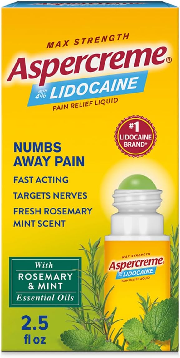 Aspercreme Essential Oils Lidocaine Pain Relief with No-Mess Roll-On Applicator, Max-Strength Lidocaine Numbs Away Nerve Pain, Moisturizing Aloe Hydrates Skin, Rosemary & Mint, 2.5 Oz.
