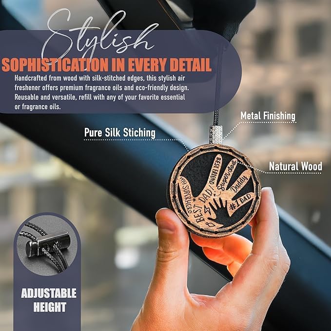 Handmade Wood Car Air Freshener — Father’s Hands Designed Refillable Essential Oil Diffuser — Long Lasting diAquatoria Fragrance Oil 10 ml — Car Accessories Gift Box