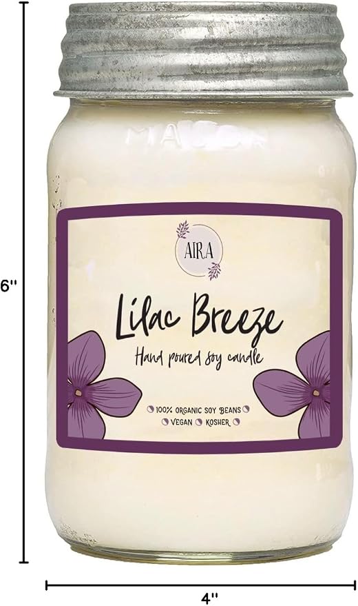 Aira Soy Candles - Organic, Kosher, Vegan, in Mason Jar w/Therapeutic Grade Essential Oils - Hand-Poured 100% Soy Candle Wax - Paraffin Free Burns 110+ Hours - Spring Candle Lilac Breeze - 16 Ounces