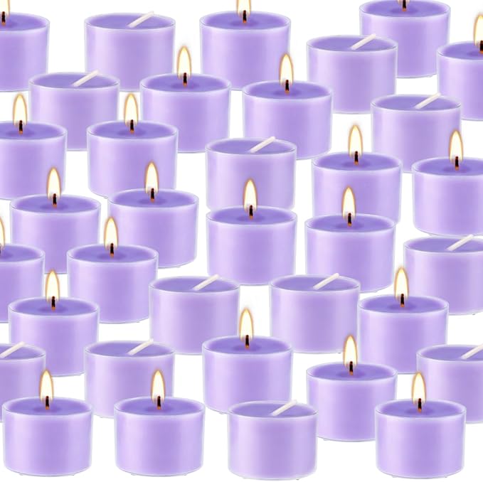 50 Pack Bulk Lavender Scented Tealight Candles in Clear Cup, Purple Wax Votive Candle for Birthdays Weddings Churches Anniversaries & More（8 Hour）