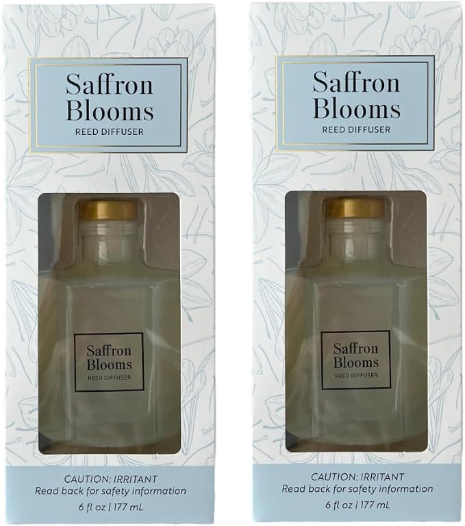 Bellevue Diffuser, 6 fl oz Glass Filled Diffuser, Highly Concentrated Fragrances with Essential Oils, Home Fragrance, Scent:Saffron Blooms (Pack of 2)