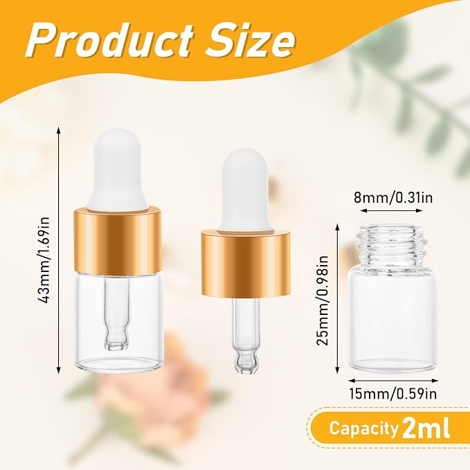 100 Pack Mini Dropper Bottle for Cuticle Oil, 2ml Small Sample Essential Oil Dropper Bottles for Travel, Clear Empty Vails for Cosmetic Perfume