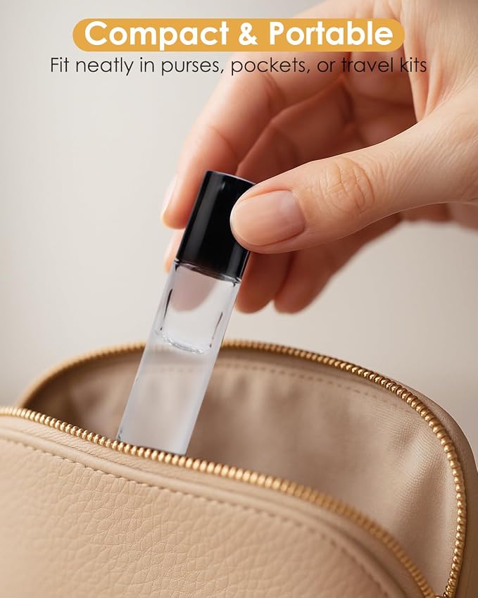 Worldgsb 4 Pack Essential Oil Roller Bottles, 10ml Refillable Clear Glass Roller Bottles with Stainless Steel Roller Balls and Caps for Travel, Perfume and Lip Gloss