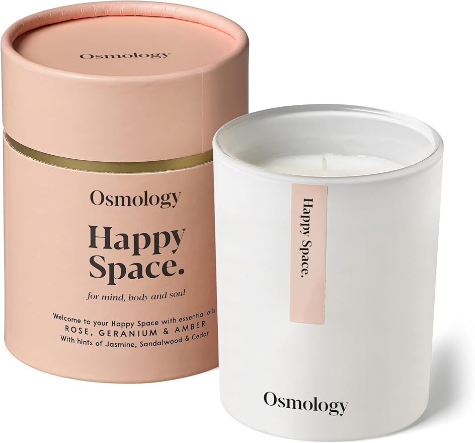 Happy Space Aromatherapy Candle – Rose, Geranium & Jasmine Scented Candle, Plant-Based Wax, 7 oz, 45 Hour Burn Time, Uplifting & Relaxation Candle