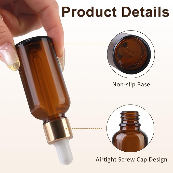 Amber Glass Dropper Bottles, 1 oz, 12 Pack with Glass Eye Droppers, Leak-Proof Travel Dispensers for Essential Oils, Tinctures, Lab Chemicals, Includes Funnels, Labels