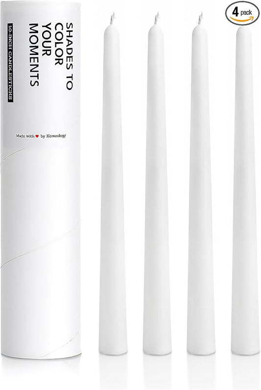 10" Classic Taper Candles, White, 4-Pack, 7-8 Hours Long Burning, Unscented Tall Candlesticks