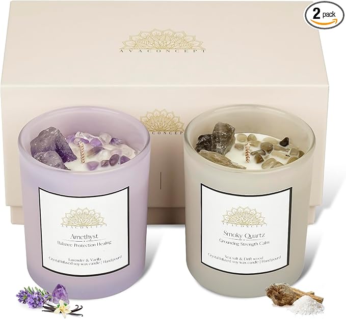 AvaConcept Healing Crystal Candle Gift Set – Amethyst & Smoky Quartz | Hand-Poured Soy Wax Candles Lavender Vanilla & Sea Salt Driftwood Aromatherapy Natural Crystals Infused Set of 2/5.3oz Each