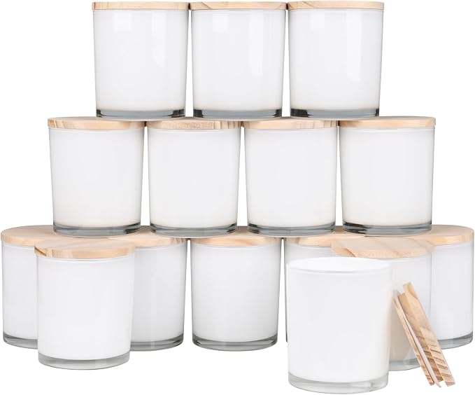 SHOWIN 10 OZ Thick Candle Jars for Making Candles 15 Pcs, Empty Jars with Wood Lids for Candle Making, Sample Container, Inner White