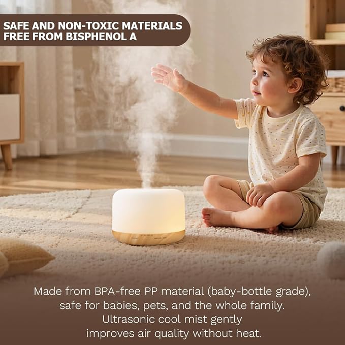 500ml Premium Essential Oil Diffuser,Quiet 4-in-1 Ultrasonic Aromatherapy Humidifier,7 Color LED Lights,with Adjustable Automatic Timer Off Function and Spray Mode. (Yellow Woodgrain,Mini Model)