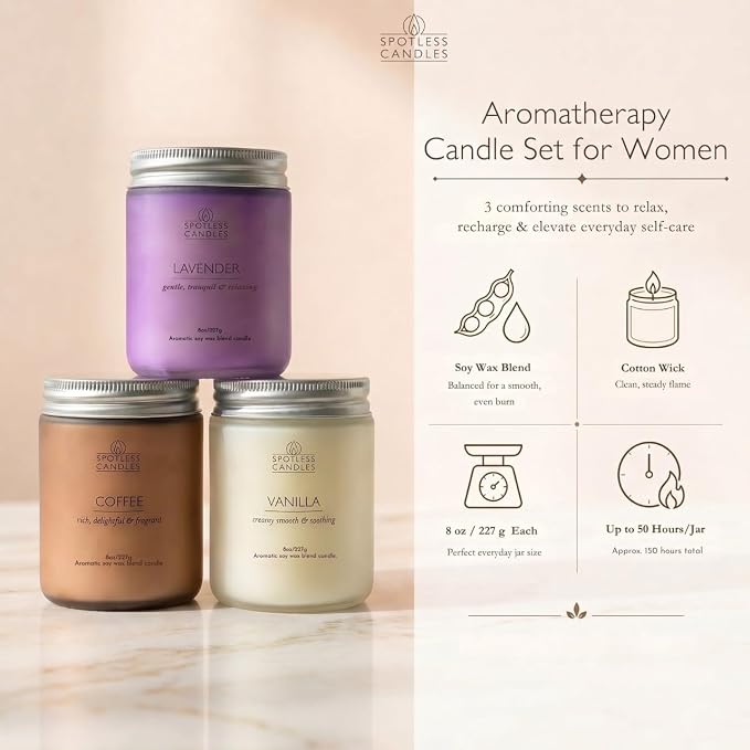 Aromatic Candles Three Pack - 3 x 8 oz Cotton Wick Candles Coloured Fosted Jars - Vanilla, Lavender and Coffee, Classic Candle Set for Men and Women by Spotless Leopard