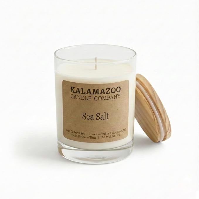Kalamazoo Candle Company Hand-Poured Soy Wax Candle – 10oz Classic Jar, 60-80 Hour Burn Time – Made in USA, Highly Scented, Phthalate-Free (SEA Salt)