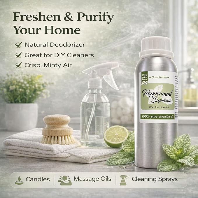 Peppermint Essential Oil – 100% Pure Mentha Piperita – GreenHealth – 8 fl oz (237 ml) Aluminum Bottle with Plug Cap – Aromatherapy, Diffusers, DIY, Candles, Fresh Home Scent