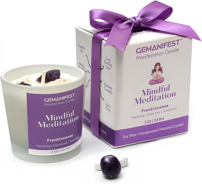 Mindful Meditation Candle with Amethyst and Herkimer Diamond Soy Wax Frankincense Candle for Anxiety Relief Focus Clarity Inner Peace Gifts for Spiritual Seekers Yoga Lovers Wellness Enthusiasts