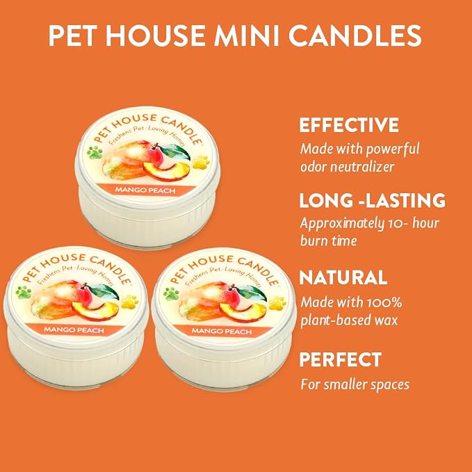 Pet House Mini Candles for Pet Odor Made with Natural Soy Wax, Plant Based, Dog and Cat Friendly Scented Candles, Mango Peach Pack of 3