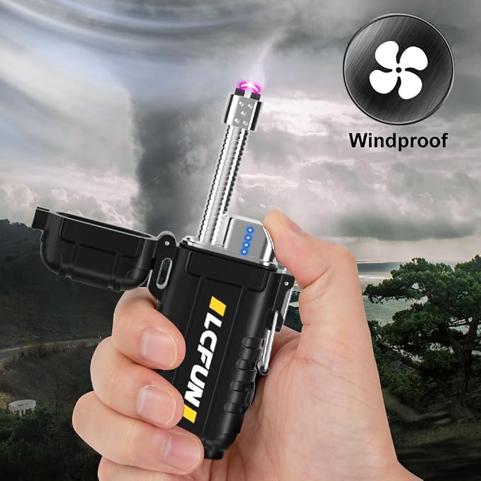 LcFun USB C Rechargeable Electric Lighter, Waterproof Plasma Lighters with LED Battery Display, Windproof Long Arc Lighters for Candle, Camping, Hiking, Outdoor Survival Gadgets for Men