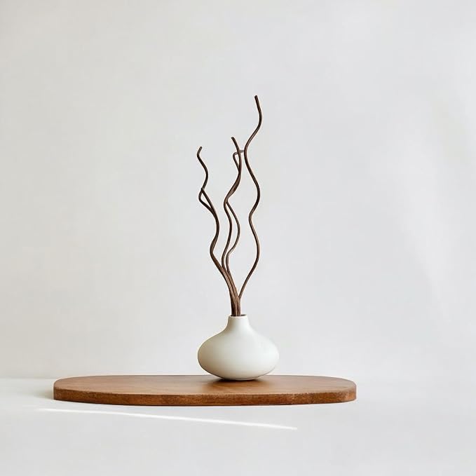 White Ceramic Vase, DIY Empty Reed Diffuser Bottle with Wavy Brown Rattan Sticks for Essential Oils, Set of 2, Aromatherapy, Modern Minimal Decor
