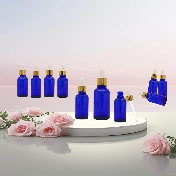 12 Pack Blue Glass Dropper Bottle, 1 oz, with Eye Dropper and Gold Cap, Leak Proof Travel Bottle for Essential Oils/Chemistry Lab Chemicals/Cologne and Perfume