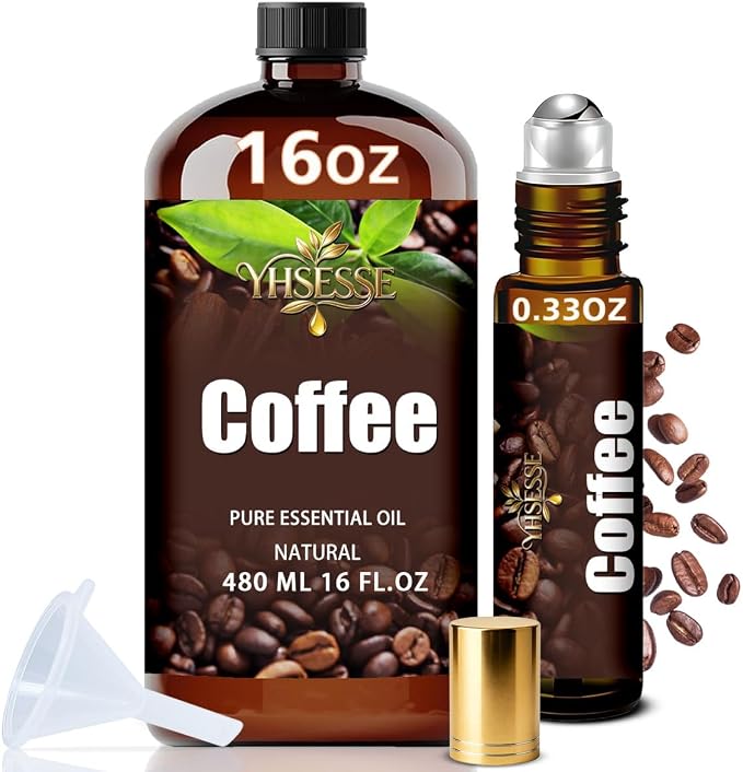 Coffee Essential Oil, Coffee Oil 16 Fl Oz 480ml for Diffuser Yoga Soap & Candle Making – with 0.33 Oz Roller Ball & Funnel YHSESSE Essential Oils