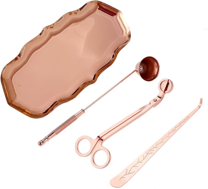 Candle Accessory Set Gift Box, Exquisite Wave Storage Tray Plate, Candle Wick Trimmer, Bell Candle Wick Snuffer, Candle Wick Dipper, 4-in-1 Candle Care Toll Kit for Scented Candle Lover, Rose Gold