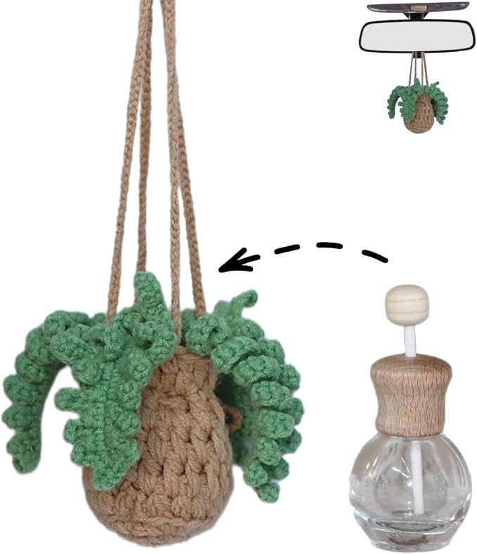 ROFIGL Handmade Crochet Hanging Car Air Freshener - Botanical Fern Leaf Design with 12ml Refillable Glass Essential Oil Bottle, Long-Lasting Car Diffuser & Nature-Inspired Decor