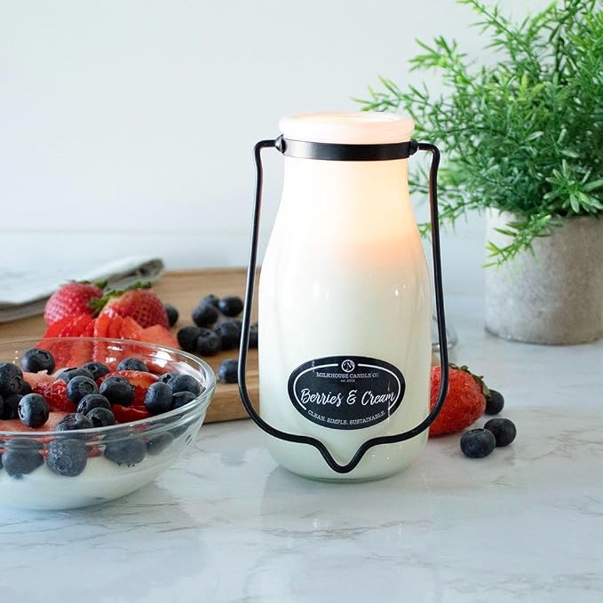 Milkhouse Candle Company Berries & Cream Soy Candle - Raspberry | Blueberry | Sugarcane Scented - 14 oz Milkbottle with Lid, 90+ Hour Burn Time, Made in the USA