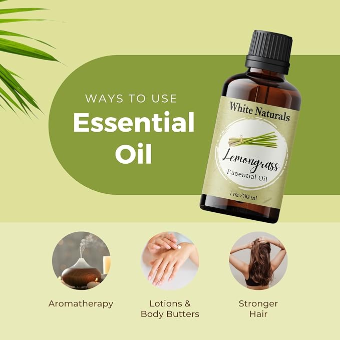 White Naturals Lemongrass Essential Oil 100% Pure and Natural, Therapeutic Premium Grade for Hair Nails and Skin, Aromatherapy Diffuser, Home and Travel, DIY