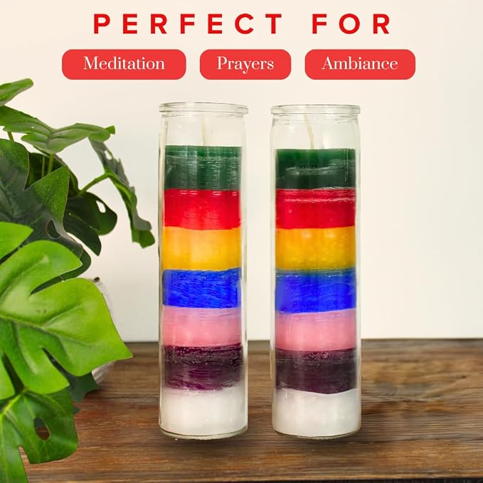 Simply Soson 3 Pack Unscented 7 Color Glass Prayer Devotional Candle, Hand Poured Wax Candles - 2 Inch x 8 Inch, Great for Sanctuary, Vigils, Casting Chimes, Rituals, Spells, Wiccan & More