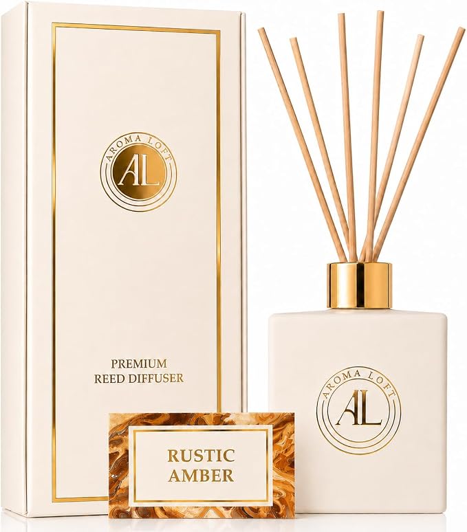 White Reed Diffusers Sticks in Oil Set | Long-Lasting Reed Diffusers for Home, Office, Bathroom, & Bedroom Decor Fragrance Diffuser | White Diffuser (Rustic Amber)