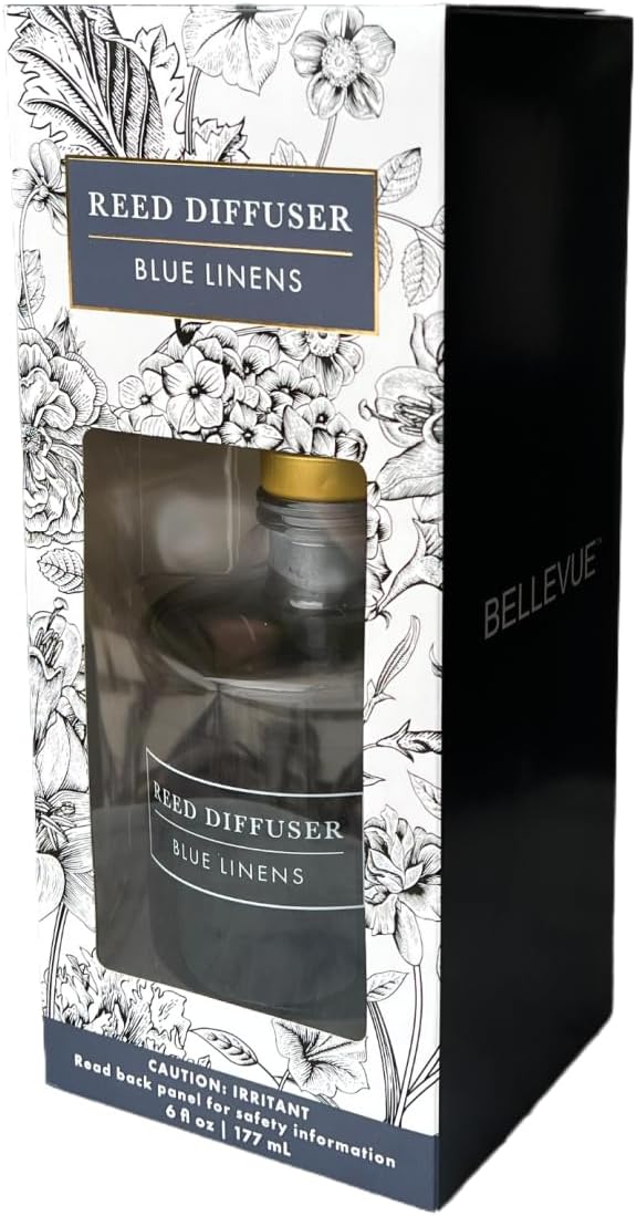 Bellevue Diffuser, 6 fl oz Glass Filled Diffuser, Highly Concentrated Fragrances with Essential Oils, Home Fragrance, Scent:Blue LINENS
